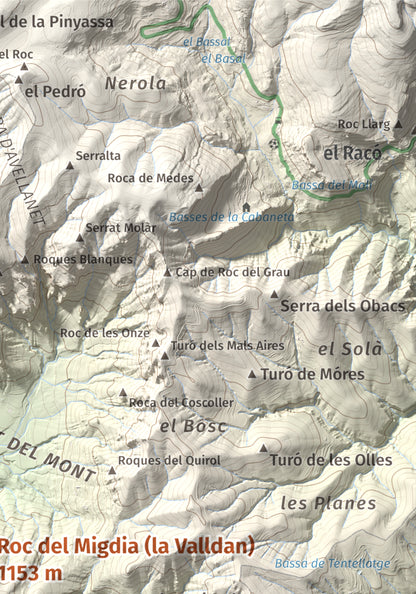 Mapa de relieve de Roc del Migdia (la Valldan), 1153 m, Solsonès, lámina 100 Cims de Trobart. Detalle de la zona superior derecha. 21 × 30 cm.