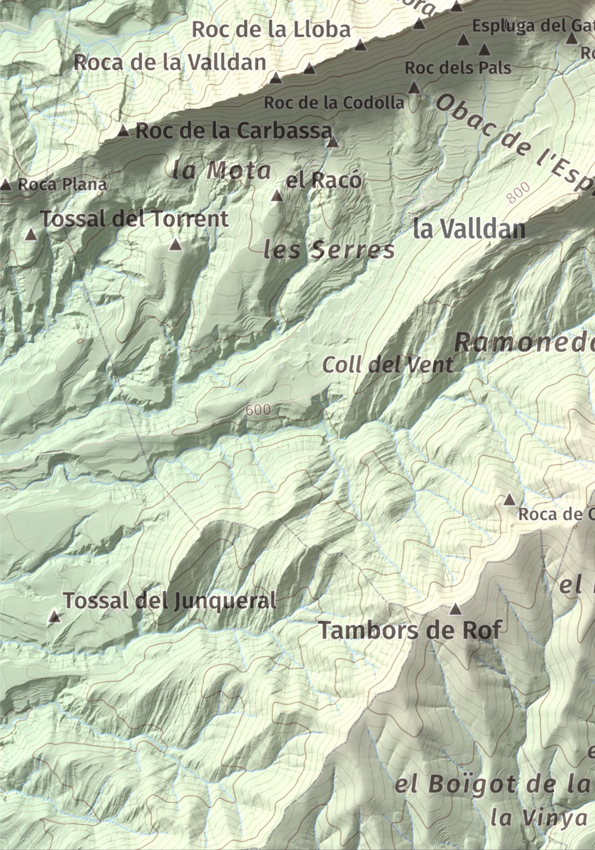 Mapa de relieve de Roc del Migdia (la Valldan), 1153 m, Solsonès, lámina 100 Cims de Trobart. Detalle de la zona inferior izquierda. 21 × 30 cm.