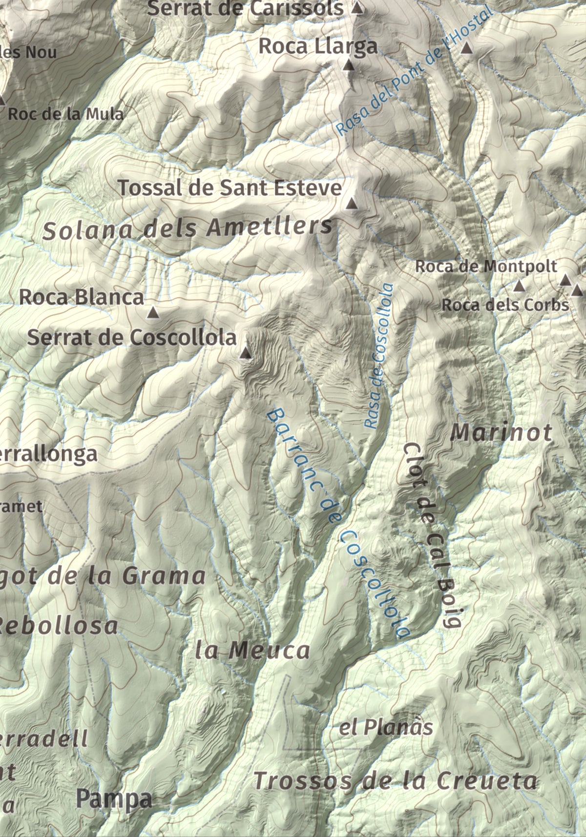 Mapa de relieve de Roc del Migdia (la Valldan), 1153 m, Solsonès, lámina 100 Cims de Trobart. Detalle de la zona inferior derecha. 21 × 30 cm.