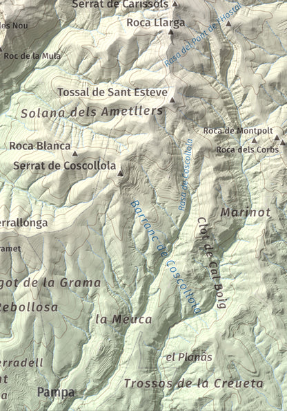 Mapa de relieve de Roc del Migdia (la Valldan), 1153 m, Solsonès, lámina 100 Cims de Trobart. Detalle de la zona inferior derecha. 21 × 30 cm.