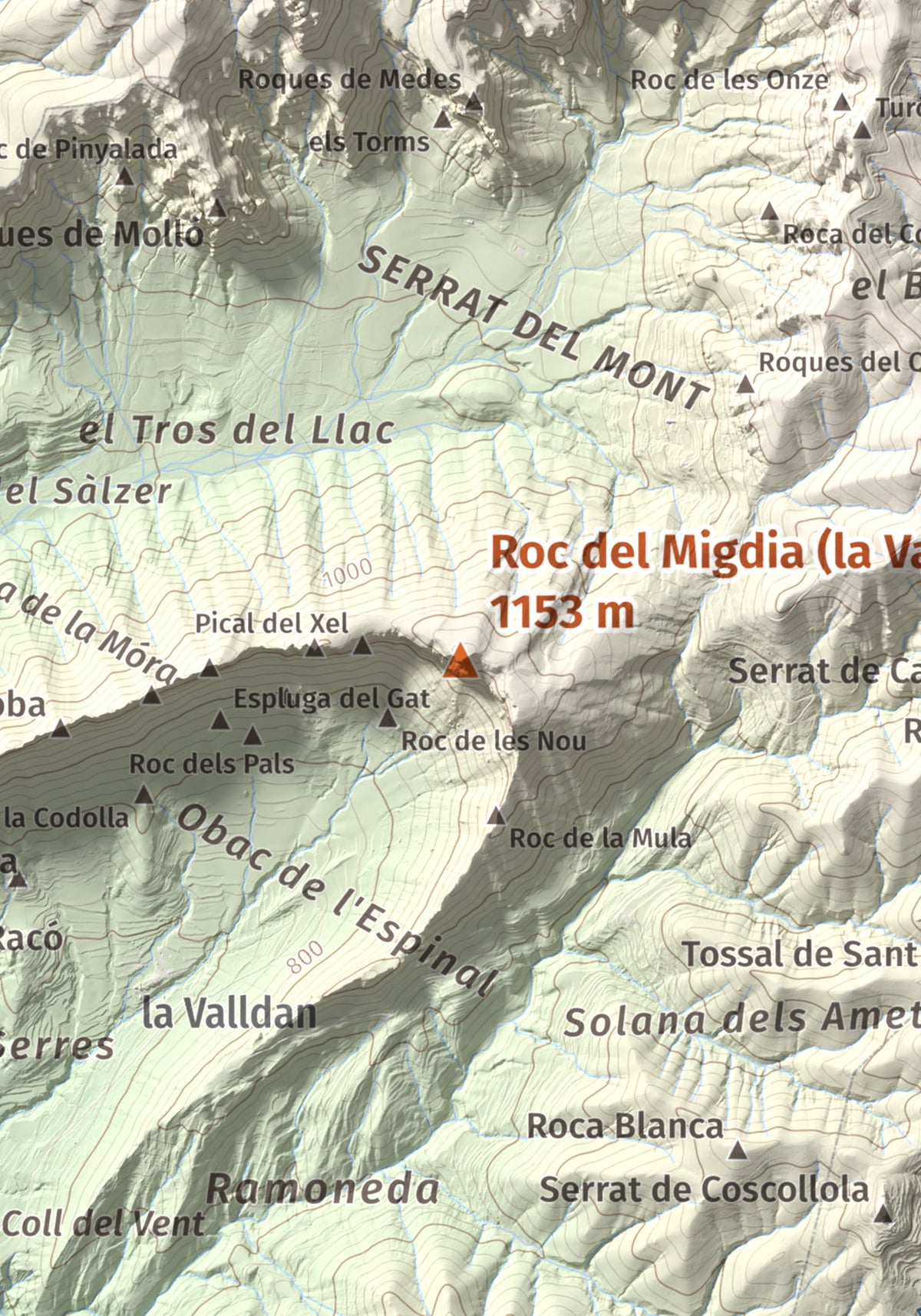 Mapa de relieve de Roc del Migdia (la Valldan), 1153 m, Solsonès, lámina 100 Cims de Trobart. Detalle de la zona central. 21 × 30 cm.
