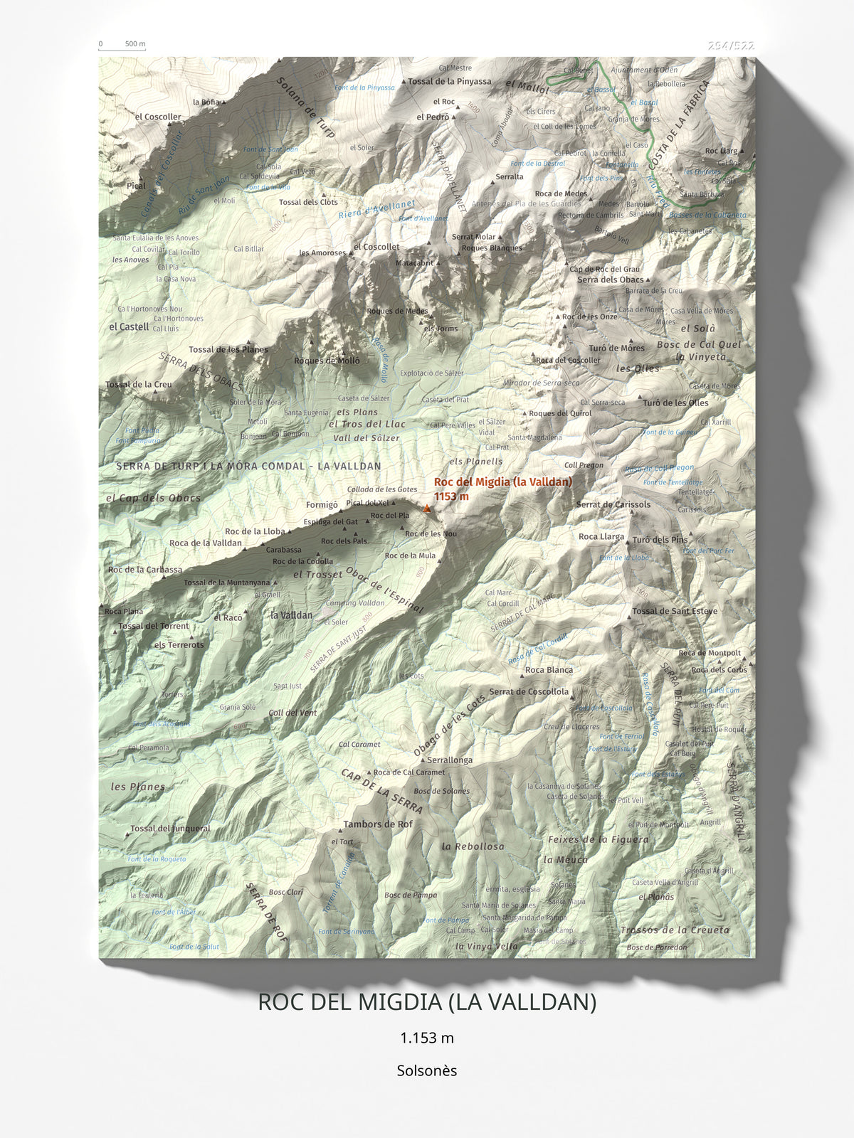 Mapa de relieve de Roc del Migdia (la Valldan), 1153 m, Solsonès, lámina 100 Cims de Trobart 30 × 40 cm.
