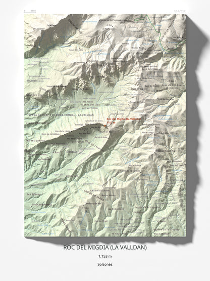 Mapa de relieve de Roc del Migdia (la Valldan), 1153 m, Solsonès, lámina 100 Cims de Trobart 30 × 40 cm.