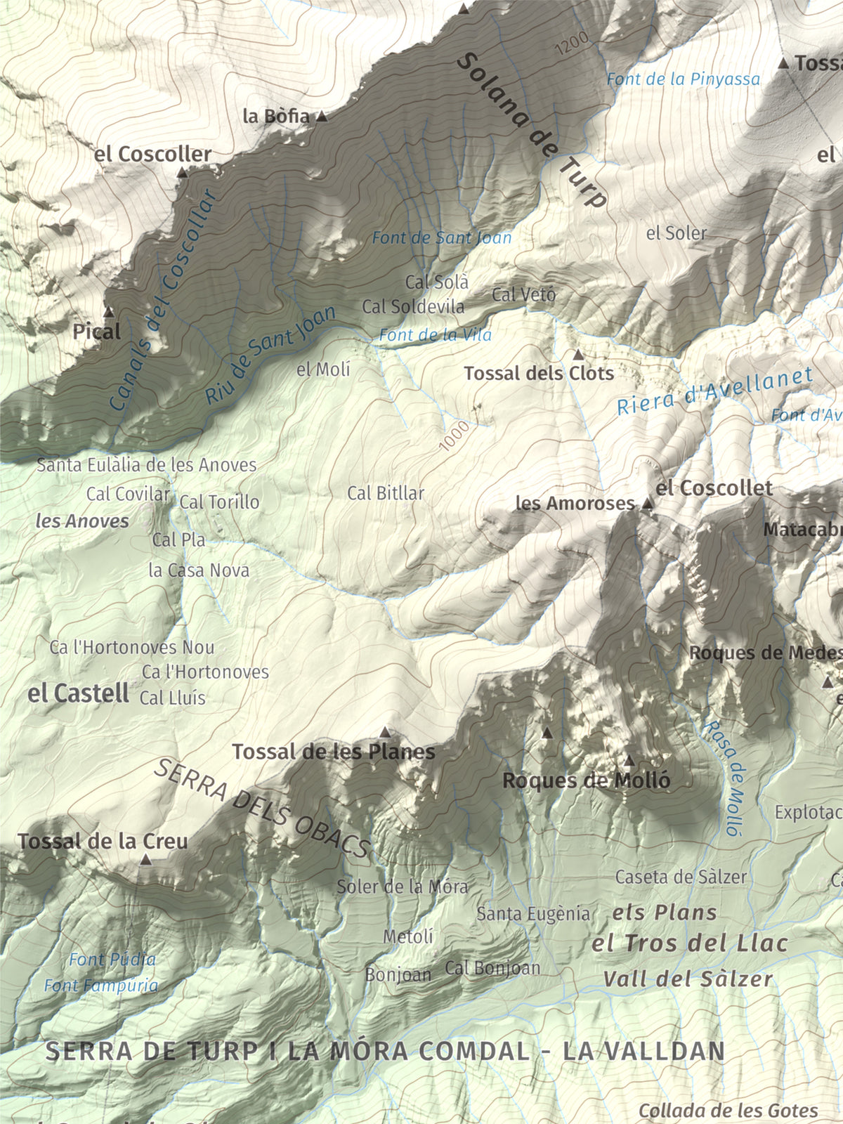 Mapa de relieve de Roc del Migdia (la Valldan), 1153 m, Solsonès, lámina 100 Cims de Trobart. Detalle de la zona superior izquierda. 30 × 40 cm.