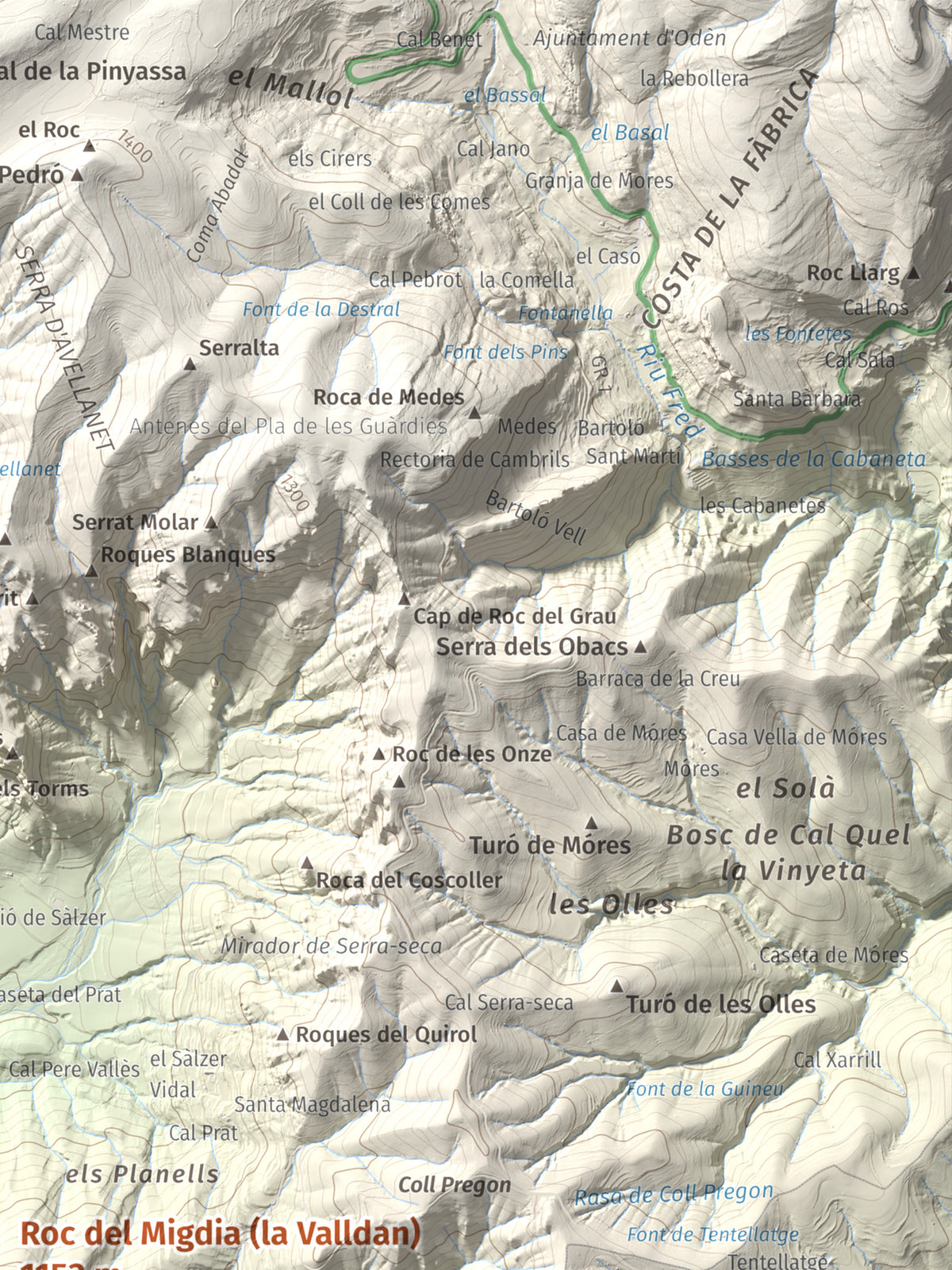 Mapa de relieve de Roc del Migdia (la Valldan), 1153 m, Solsonès, lámina 100 Cims de Trobart. Detalle de la zona superior derecha. 30 × 40 cm.