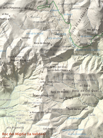 Mapa de relieve de Roc del Migdia (la Valldan), 1153 m, Solsonès, lámina 100 Cims de Trobart. Detalle de la zona superior derecha. 30 × 40 cm.
