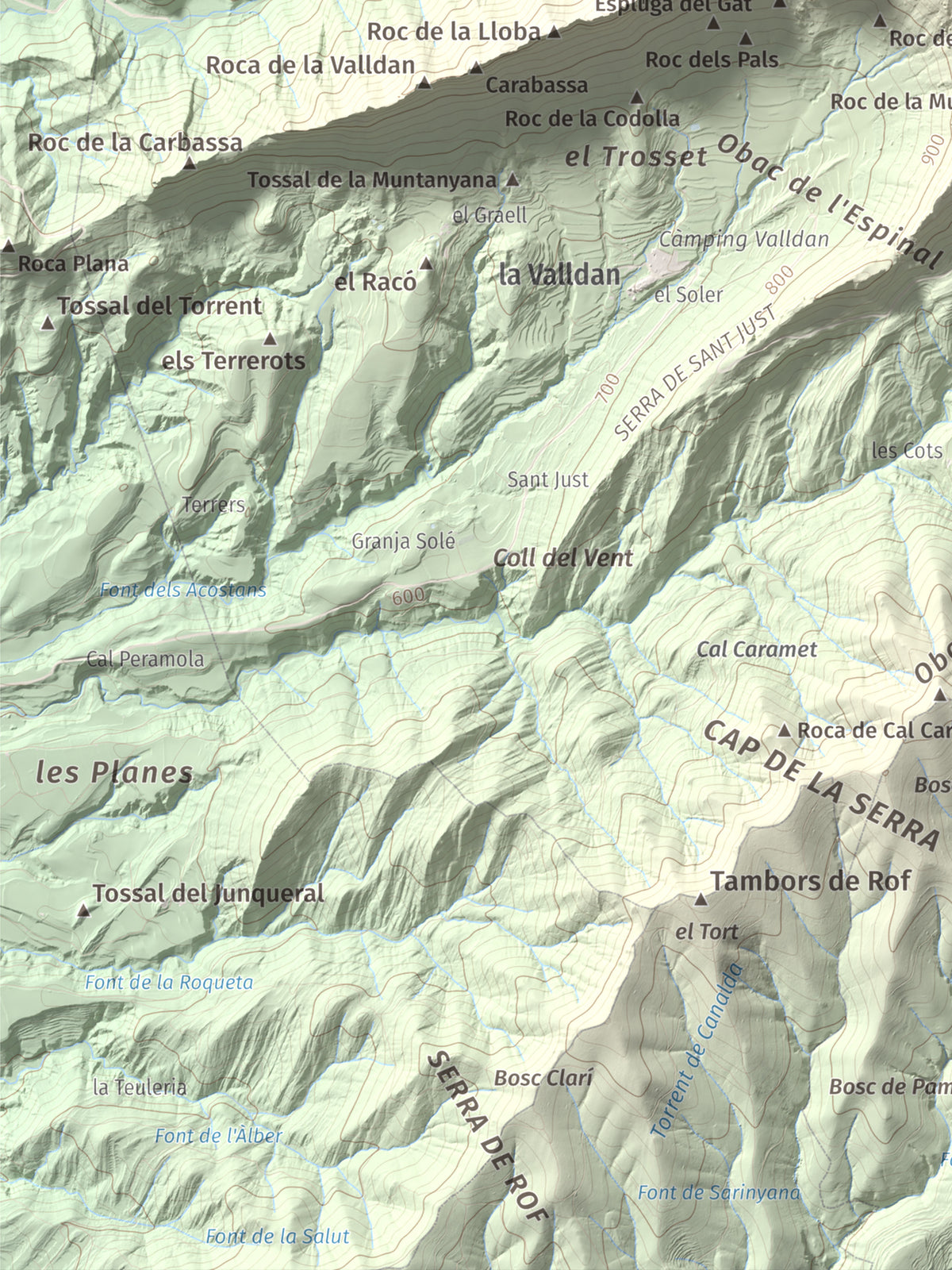 Mapa de relieve de Roc del Migdia (la Valldan), 1153 m, Solsonès, lámina 100 Cims de Trobart. Detalle de la zona inferior izquierda. 30 × 40 cm.