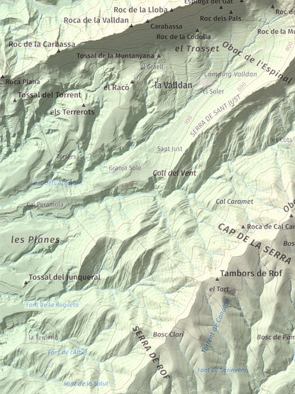 Mapa de relieve de Roc del Migdia (la Valldan), 1153 m, Solsonès, lámina 100 Cims de Trobart. Detalle de la zona inferior izquierda. 30 × 40 cm.