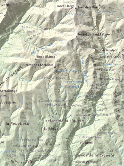 Mapa de relieve de Roc del Migdia (la Valldan), 1153 m, Solsonès, lámina 100 Cims de Trobart. Detalle de la zona inferior derecha. 30 × 40 cm.