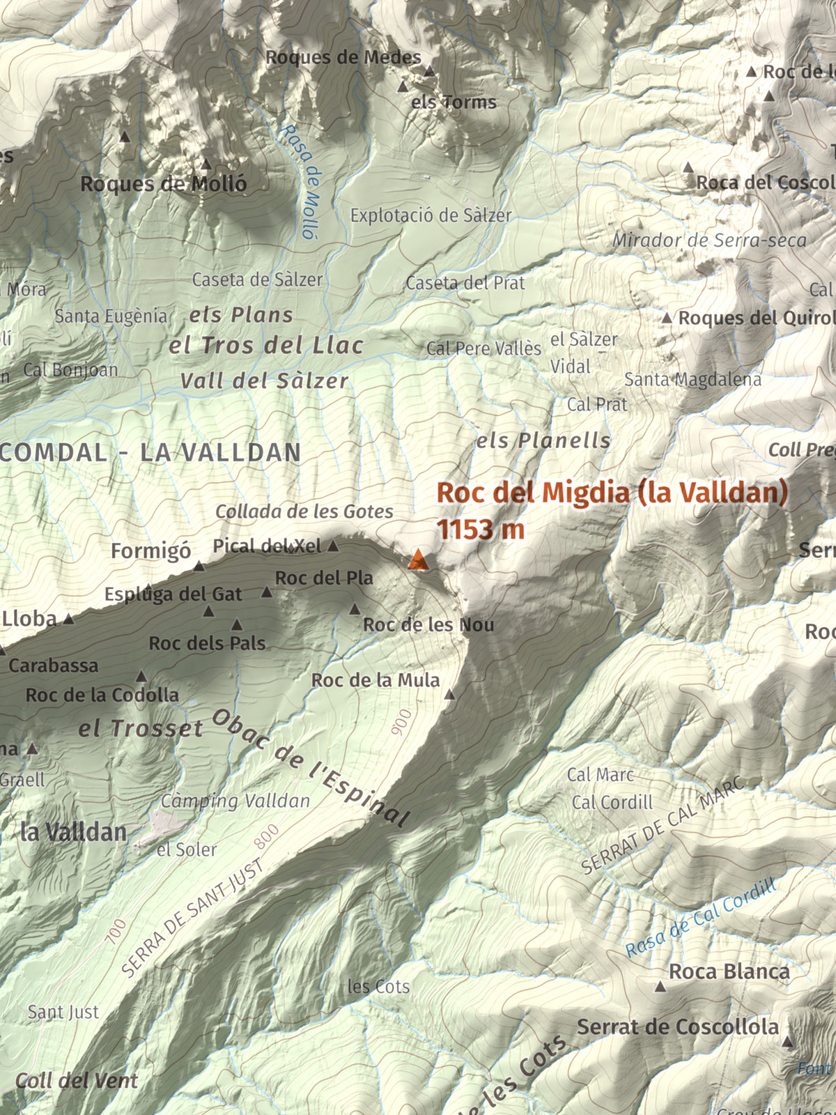 Mapa de relieve de Roc del Migdia (la Valldan), 1153 m, Solsonès, lámina 100 Cims de Trobart. Detalle de la zona central. 30 × 40 cm.