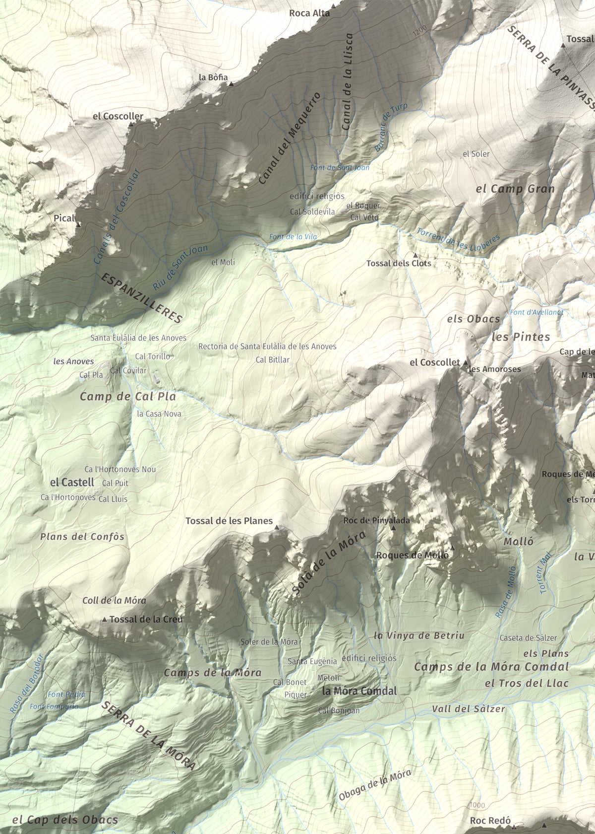 Mapa de relieve de Roc del Migdia (la Valldan), 1153 m, Solsonès, lámina 100 Cims de Trobart. Detalle de la zona superior izquierda. 50 × 70 cm.