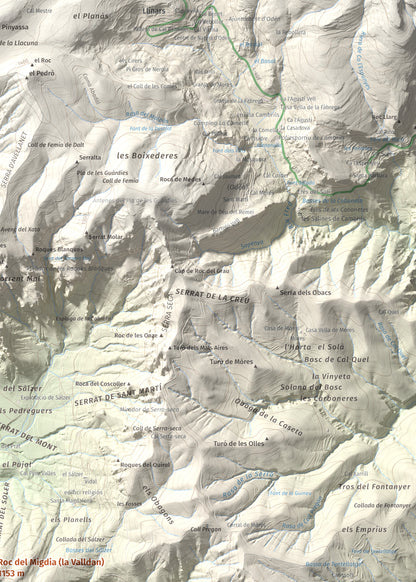 Mapa de relieve de Roc del Migdia (la Valldan), 1153 m, Solsonès, lámina 100 Cims de Trobart. Detalle de la zona superior derecha. 50 × 70 cm.