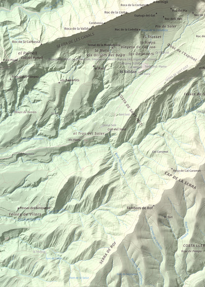 Mapa de relieve de Roc del Migdia (la Valldan), 1153 m, Solsonès, lámina 100 Cims de Trobart. Detalle de la zona inferior izquierda. 50 × 70 cm.