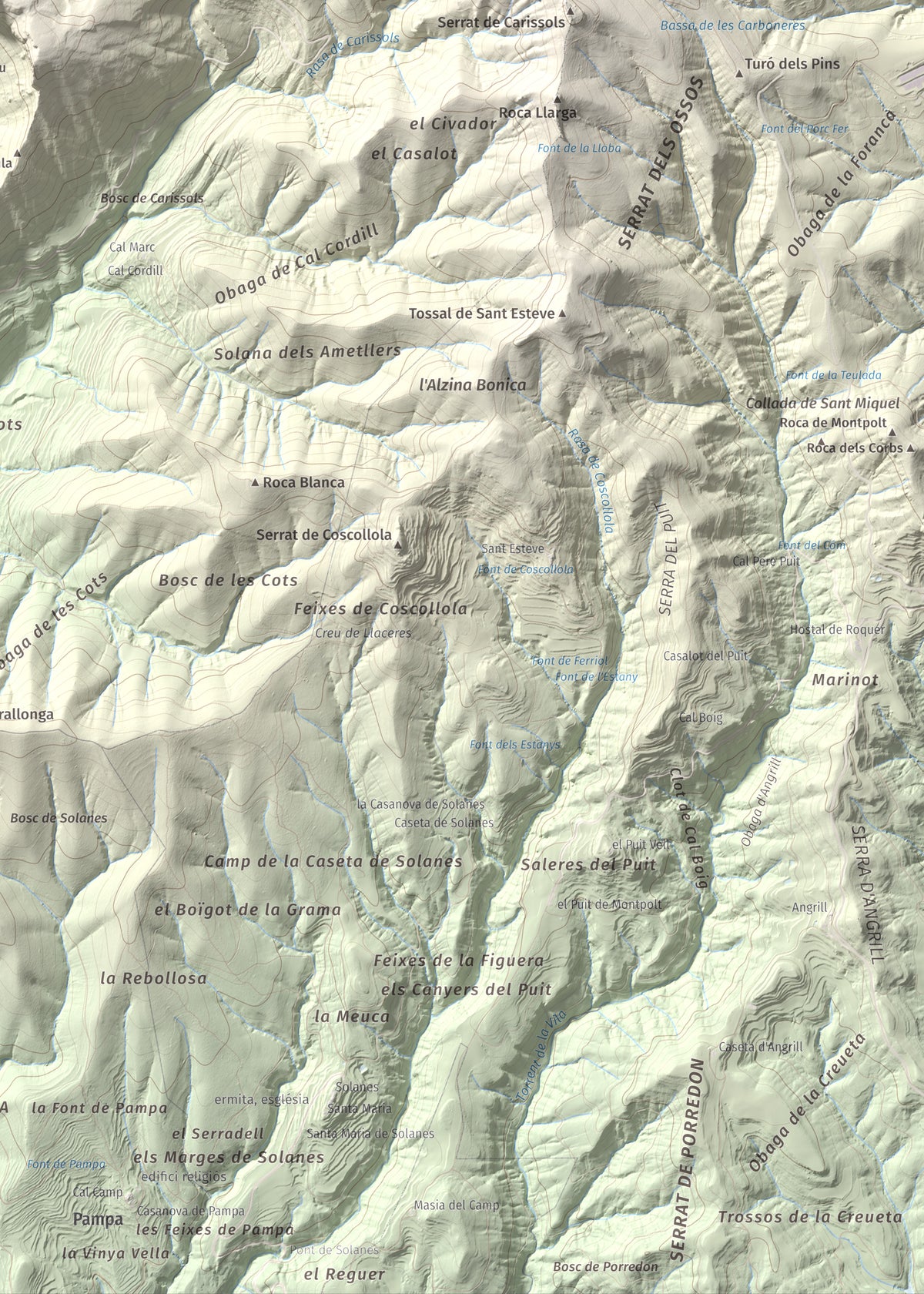 Mapa de relieve de Roc del Migdia (la Valldan), 1153 m, Solsonès, lámina 100 Cims de Trobart. Detalle de la zona inferior derecha. 50 × 70 cm.