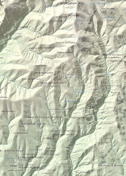 Mapa de relieve de Roc del Migdia (la Valldan), 1153 m, Solsonès, lámina 100 Cims de Trobart. Detalle de la zona inferior derecha. 50 × 70 cm.