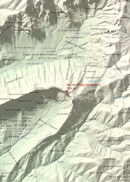 Mapa de relieve de Roc del Migdia (la Valldan), 1153 m, Solsonès, lámina 100 Cims de Trobart. Detalle de la zona central. 50 × 70 cm.