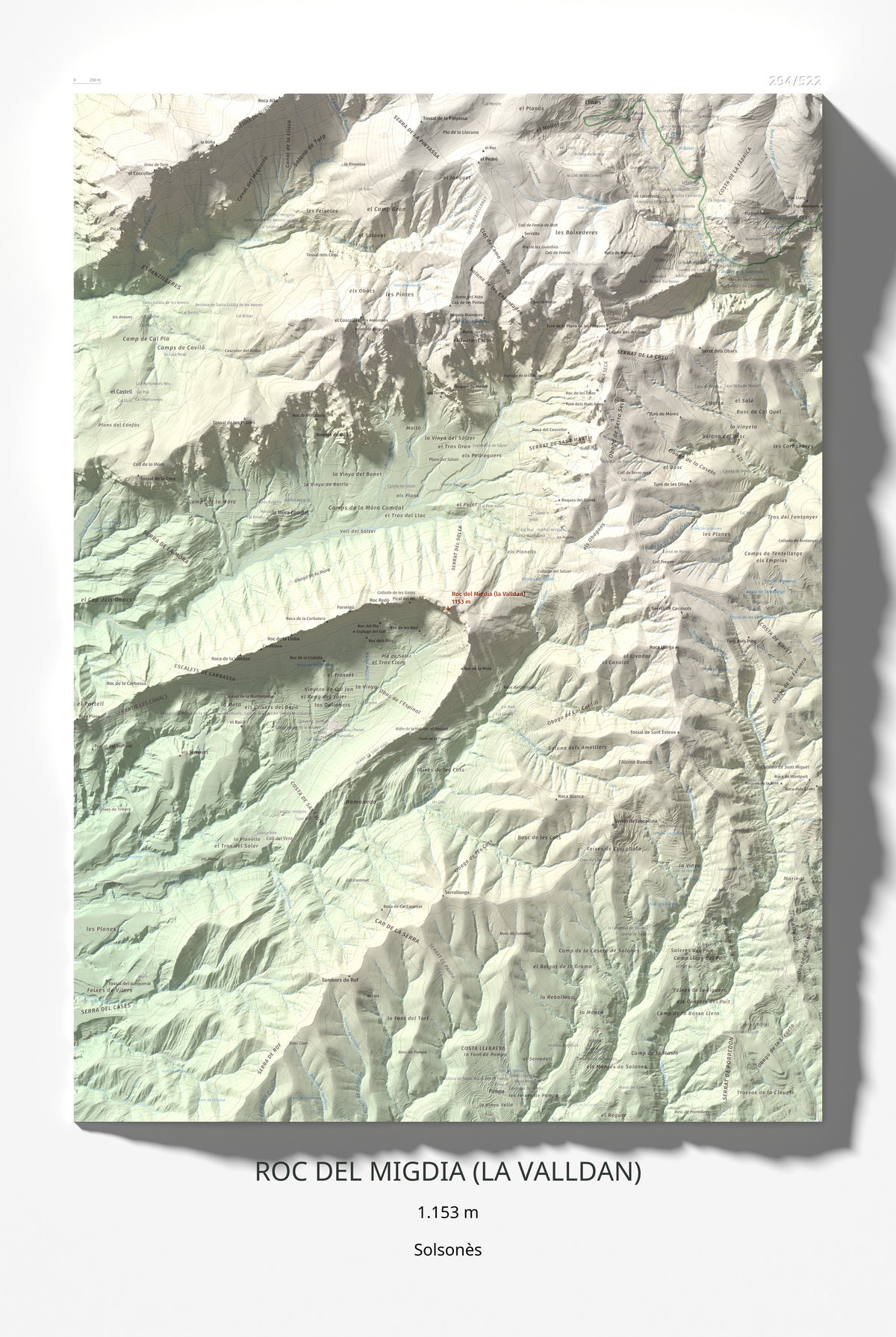 Mapa de relieve de Roc del Migdia (la Valldan), 1153 m, Solsonès, lámina 100 Cims de Trobart 61 × 91 cm.