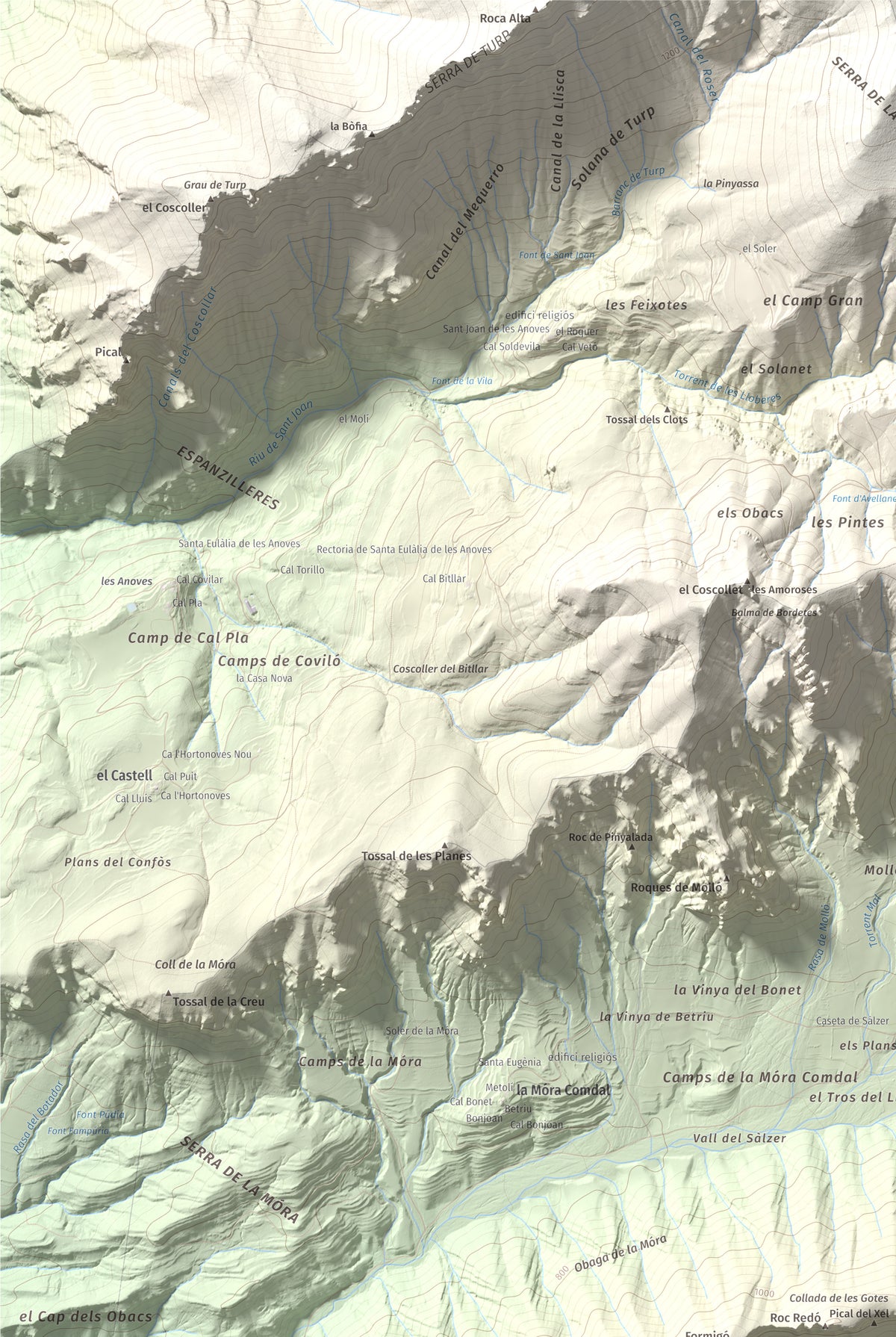 Mapa de relieve de Roc del Migdia (la Valldan), 1153 m, Solsonès, lámina 100 Cims de Trobart. Detalle de la zona superior izquierda. 61 × 91 cm.