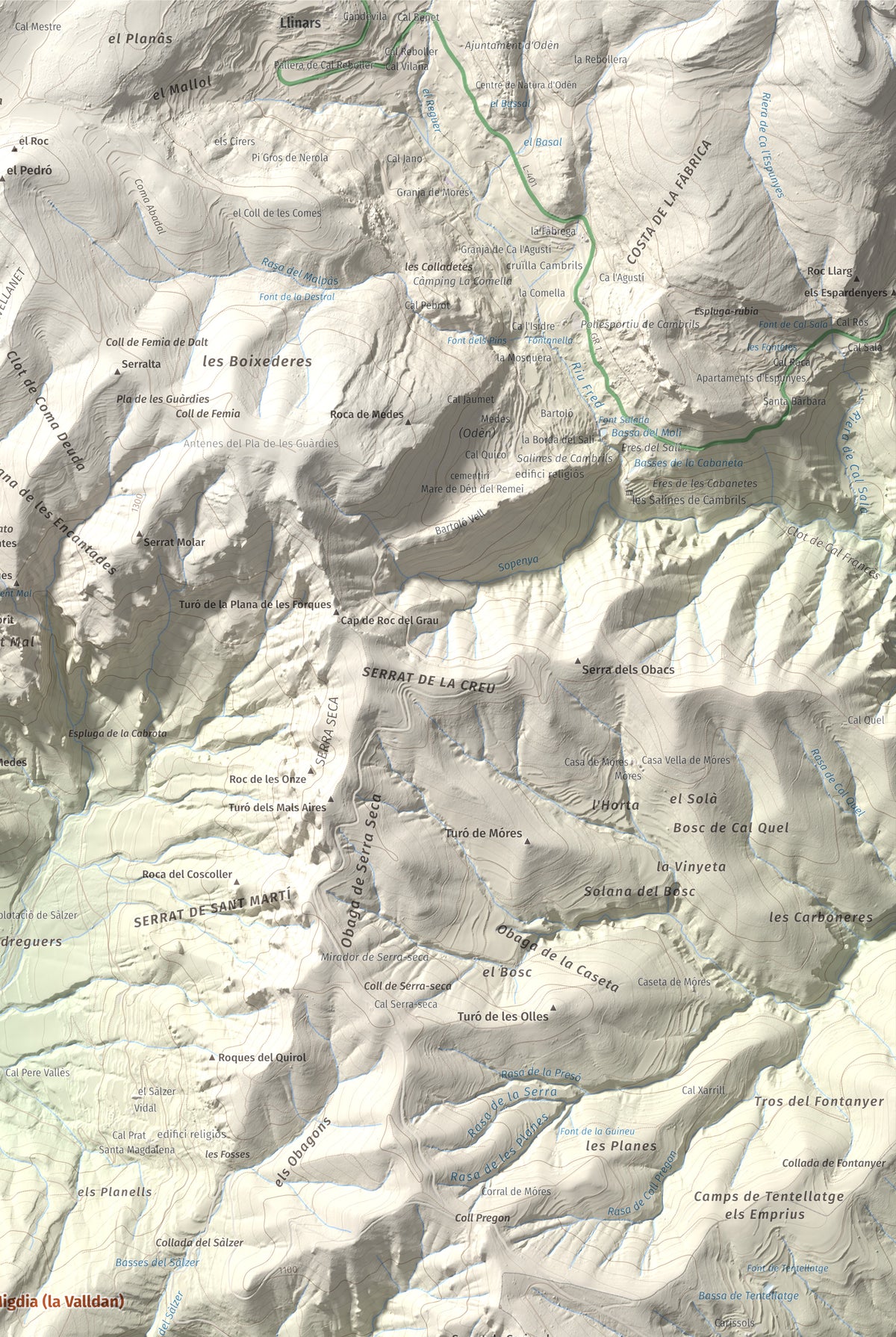 Mapa de relieve de Roc del Migdia (la Valldan), 1153 m, Solsonès, lámina 100 Cims de Trobart. Detalle de la zona superior derecha. 61 × 91 cm.
