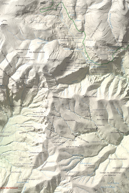 Mapa de relieve de Roc del Migdia (la Valldan), 1153 m, Solsonès, lámina 100 Cims de Trobart. Detalle de la zona superior derecha. 61 × 91 cm.