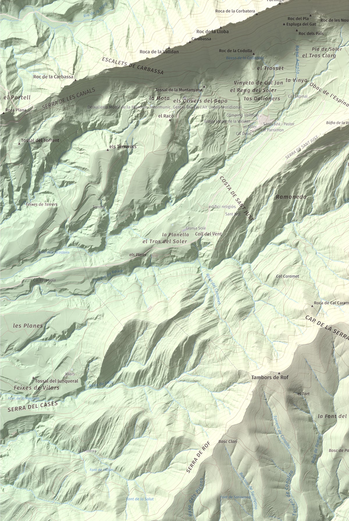 Mapa de relieve de Roc del Migdia (la Valldan), 1153 m, Solsonès, lámina 100 Cims de Trobart. Detalle de la zona inferior izquierda. 61 × 91 cm.
