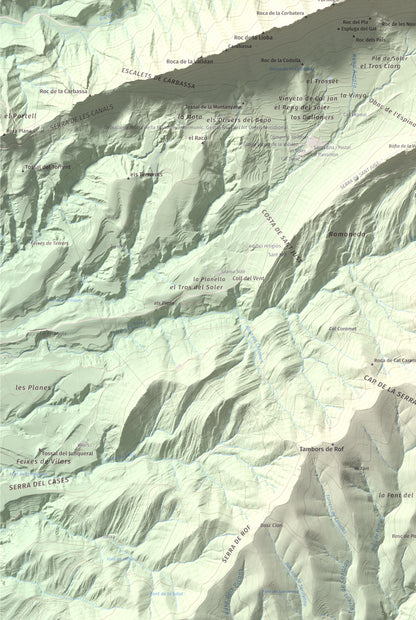Mapa de relieve de Roc del Migdia (la Valldan), 1153 m, Solsonès, lámina 100 Cims de Trobart. Detalle de la zona inferior izquierda. 61 × 91 cm.