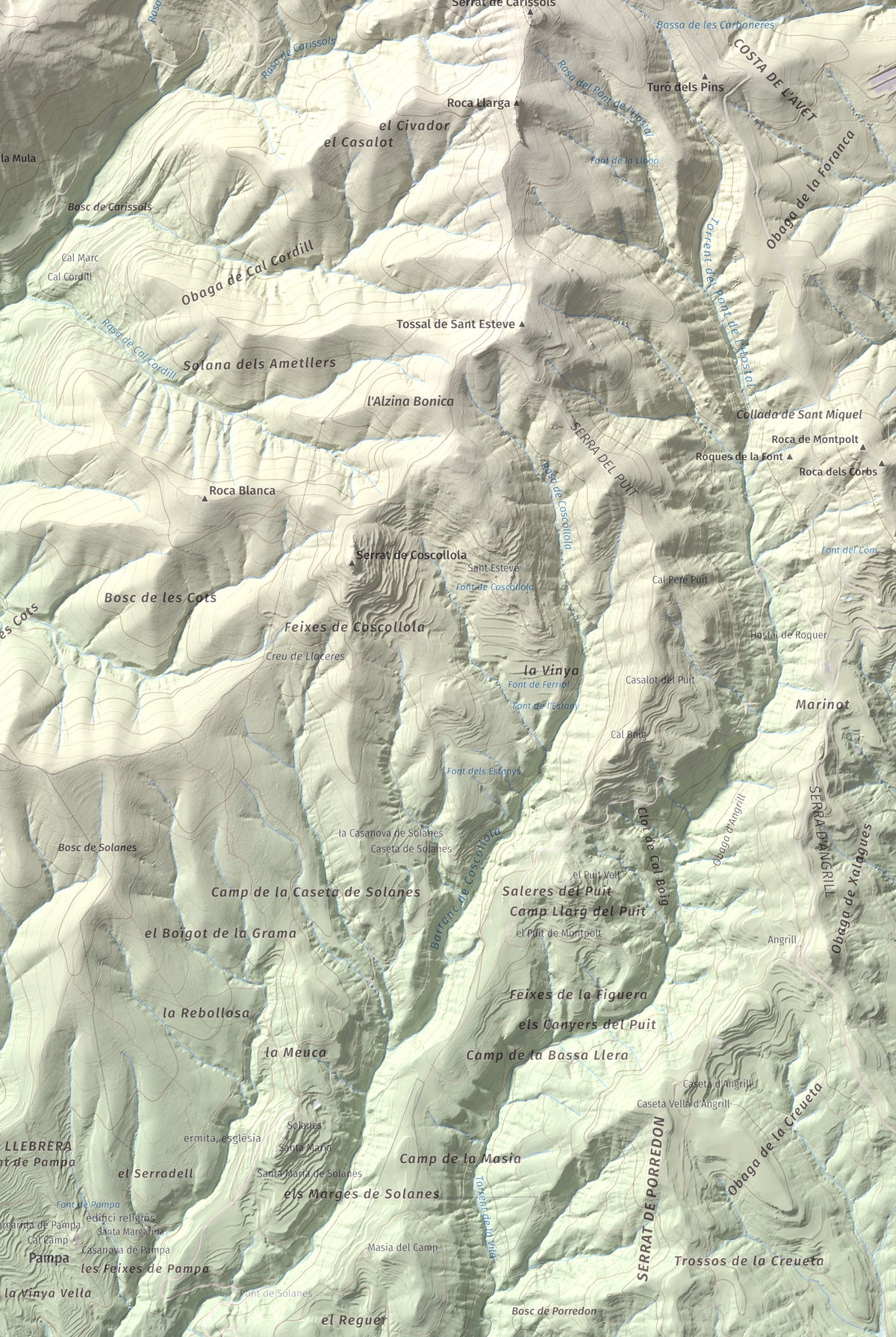 Mapa de relieve de Roc del Migdia (la Valldan), 1153 m, Solsonès, lámina 100 Cims de Trobart. Detalle de la zona inferior derecha. 61 × 91 cm.