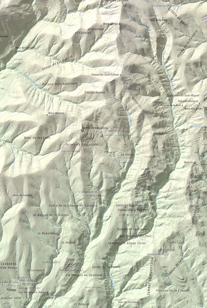 Mapa de relieve de Roc del Migdia (la Valldan), 1153 m, Solsonès, lámina 100 Cims de Trobart. Detalle de la zona inferior derecha. 61 × 91 cm.
