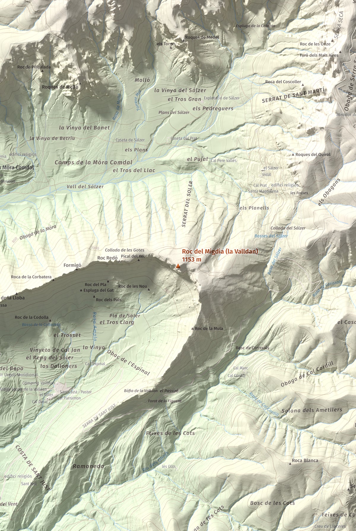 Mapa de relieve de Roc del Migdia (la Valldan), 1153 m, Solsonès, lámina 100 Cims de Trobart. Detalle de la zona central. 61 × 91 cm.