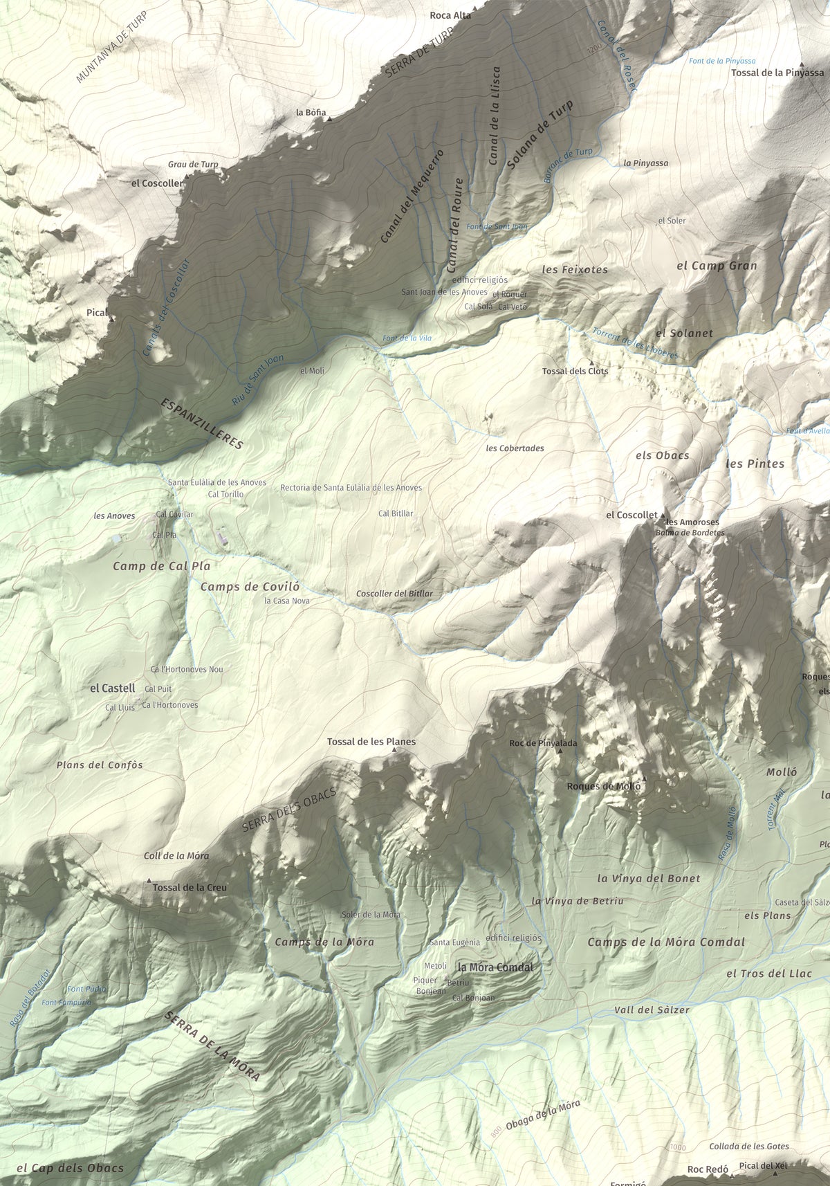 Mapa de relieve de Roc del Migdia (la Valldan), 1153 m, Solsonès, lámina 100 Cims de Trobart. Detalle de la zona superior izquierda. 70 × 100 cm.