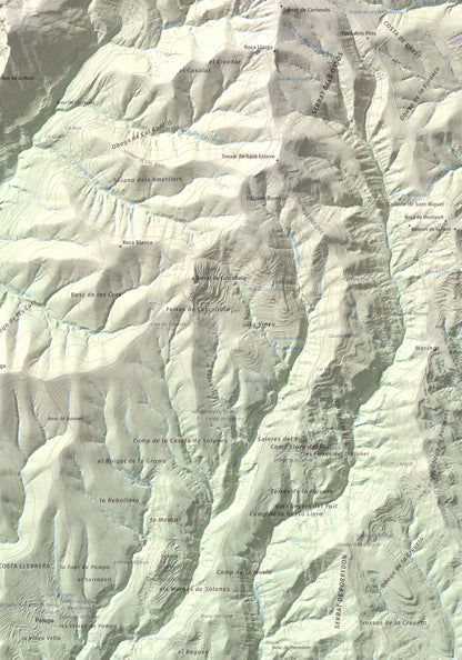 Mapa de relieve de Roc del Migdia (la Valldan), 1153 m, Solsonès, lámina 100 Cims de Trobart. Detalle de la zona inferior derecha. 70 × 100 cm.