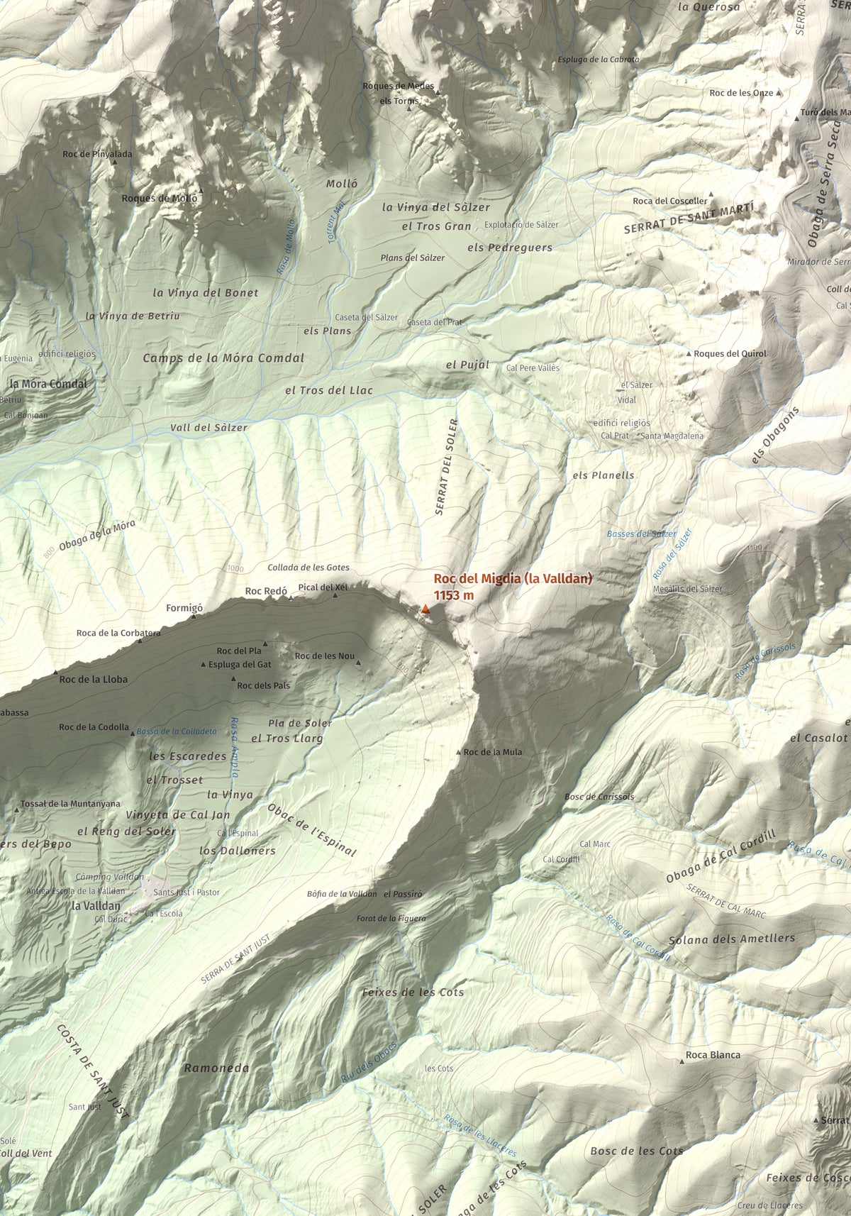 Mapa de relieve de Roc del Migdia (la Valldan), 1153 m, Solsonès, lámina 100 Cims de Trobart. Detalle de la zona central. 70 × 100 cm.