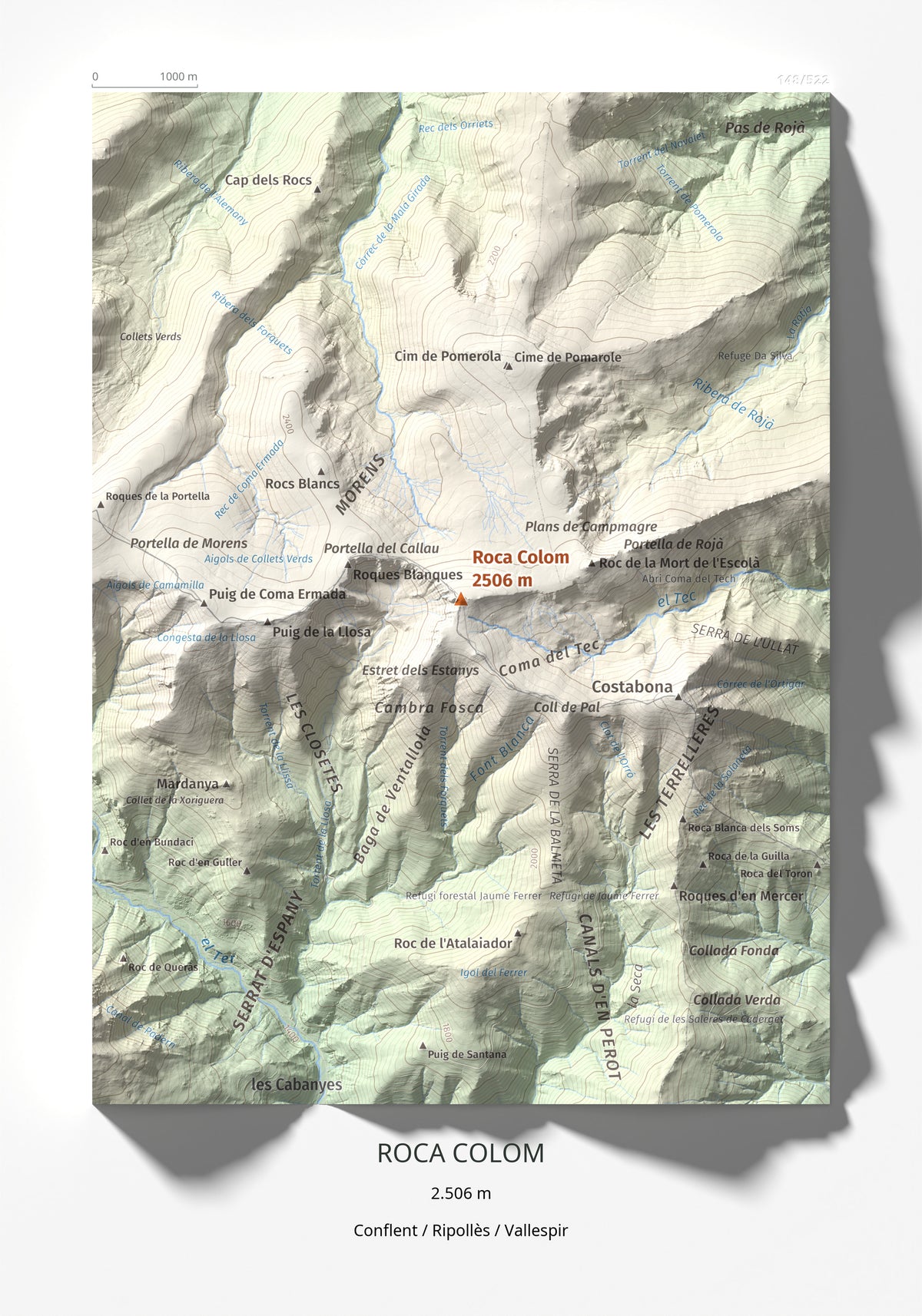 Mapa de relieve de Roca Colom, 2506 m, Conflent · Ripollès · Vallespir, lámina 100 Cims de Trobart 21 × 30 cm.