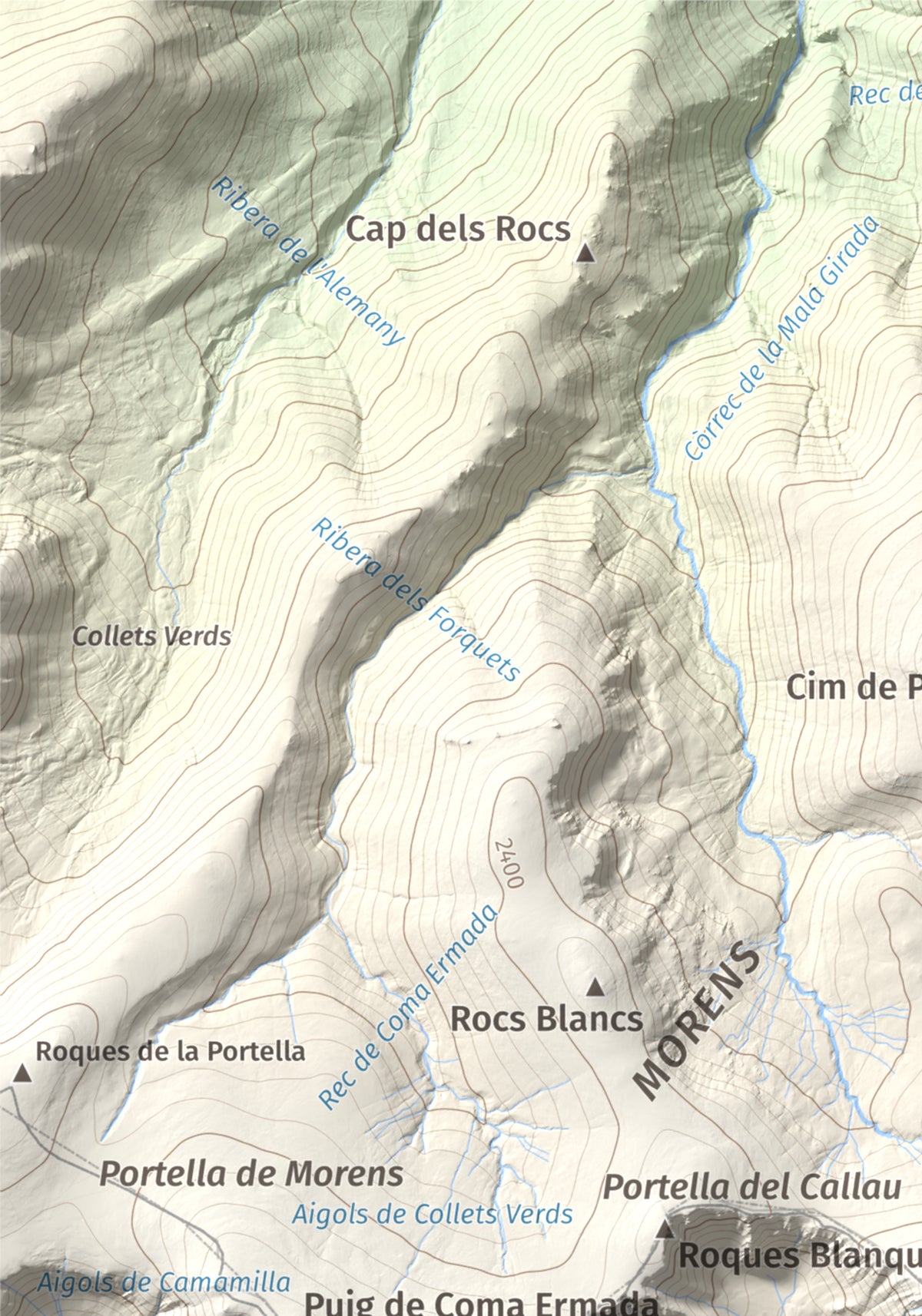 Mapa de relieve de Roca Colom, 2506 m, Conflent · Ripollès · Vallespir, lámina 100 Cims de Trobart. Detalle de la zona superior izquierda. 21 × 30 cm.