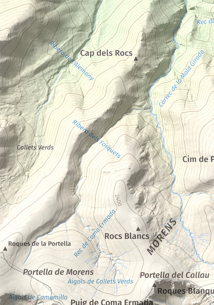 Mapa de relieve de Roca Colom, 2506 m, Conflent · Ripollès · Vallespir, lámina 100 Cims de Trobart. Detalle de la zona superior izquierda. 21 × 30 cm.