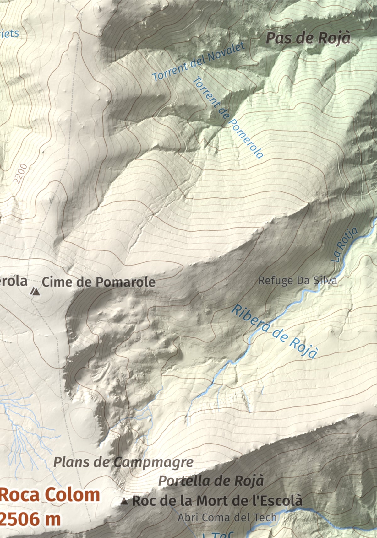 Mapa de relieve de Roca Colom, 2506 m, Conflent · Ripollès · Vallespir, lámina 100 Cims de Trobart. Detalle de la zona superior derecha. 21 × 30 cm.