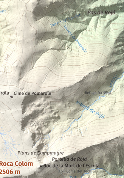Mapa de relieve de Roca Colom, 2506 m, Conflent · Ripollès · Vallespir, lámina 100 Cims de Trobart. Detalle de la zona superior derecha. 21 × 30 cm.