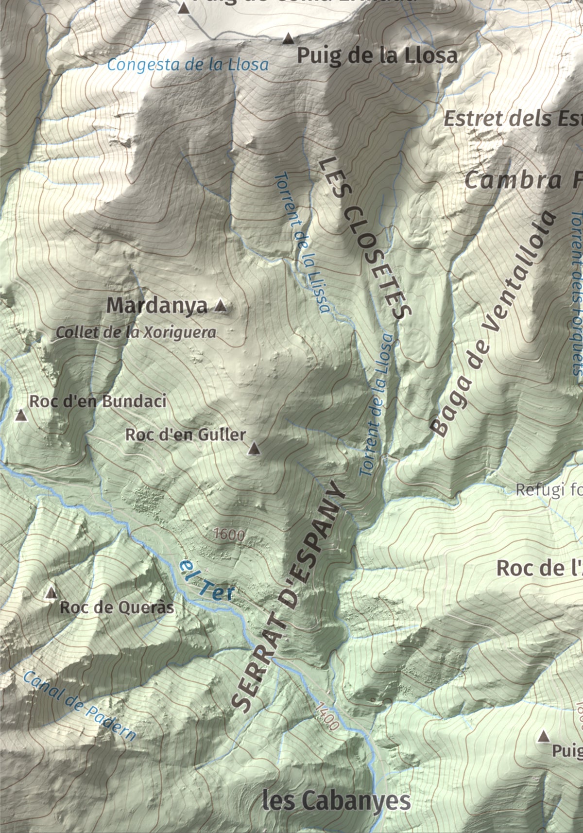 Mapa de relieve de Roca Colom, 2506 m, Conflent · Ripollès · Vallespir, lámina 100 Cims de Trobart. Detalle de la zona inferior izquierda. 21 × 30 cm.