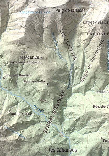 Mapa de relieve de Roca Colom, 2506 m, Conflent · Ripollès · Vallespir, lámina 100 Cims de Trobart. Detalle de la zona inferior izquierda. 21 × 30 cm.