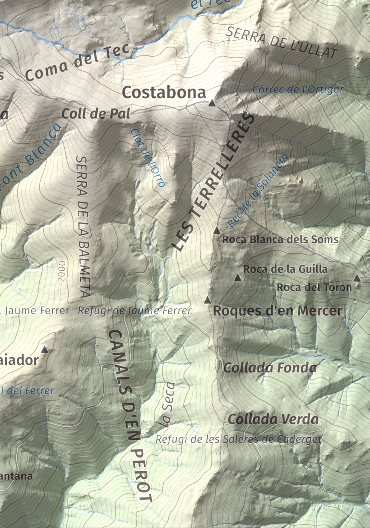 Mapa de relieve de Roca Colom, 2506 m, Conflent · Ripollès · Vallespir, lámina 100 Cims de Trobart. Detalle de la zona inferior derecha. 21 × 30 cm.
