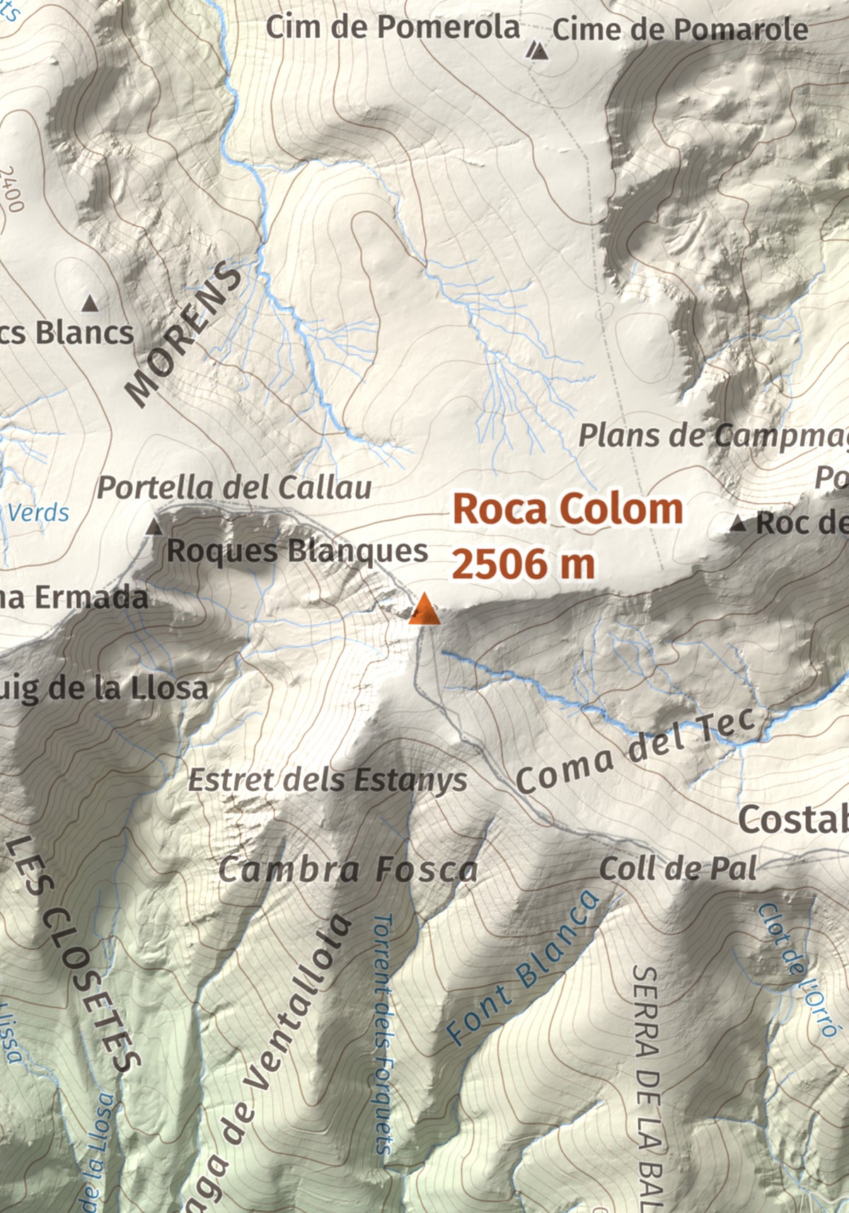 Mapa de relieve de Roca Colom, 2506 m, Conflent · Ripollès · Vallespir, lámina 100 Cims de Trobart. Detalle de la zona central. 21 × 30 cm.