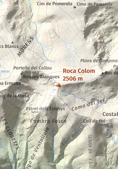 Mapa de relieve de Roca Colom, 2506 m, Conflent · Ripollès · Vallespir, lámina 100 Cims de Trobart. Detalle de la zona central. 21 × 30 cm.