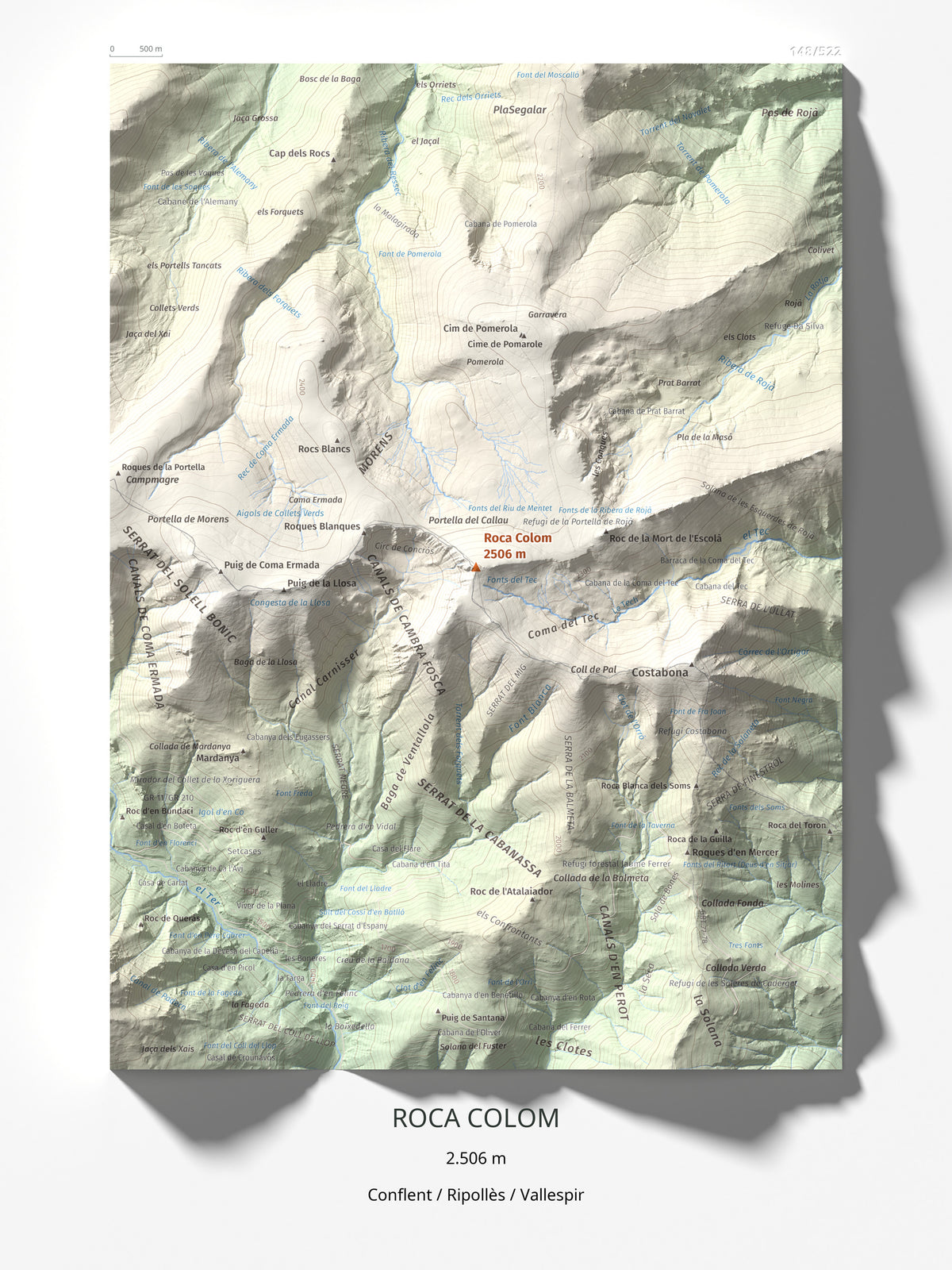 Mapa de relieve de Roca Colom, 2506 m, Conflent · Ripollès · Vallespir, lámina 100 Cims de Trobart 30 × 40 cm.