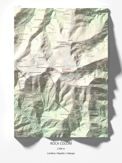 Mapa de relieve de Roca Colom, 2506 m, Conflent · Ripollès · Vallespir, lámina 100 Cims de Trobart 30 × 40 cm.