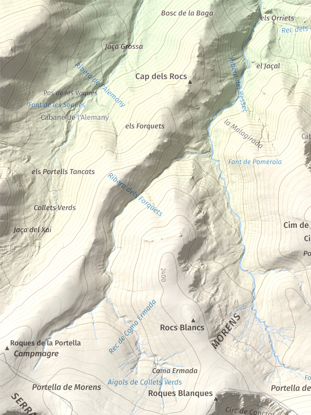 Mapa de relieve de Roca Colom, 2506 m, Conflent · Ripollès · Vallespir, lámina 100 Cims de Trobart. Detalle de la zona superior izquierda. 30 × 40 cm.