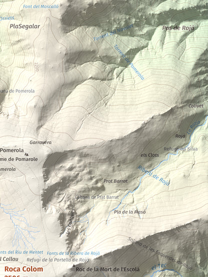 Mapa de relieve de Roca Colom, 2506 m, Conflent · Ripollès · Vallespir, lámina 100 Cims de Trobart. Detalle de la zona superior derecha. 30 × 40 cm.