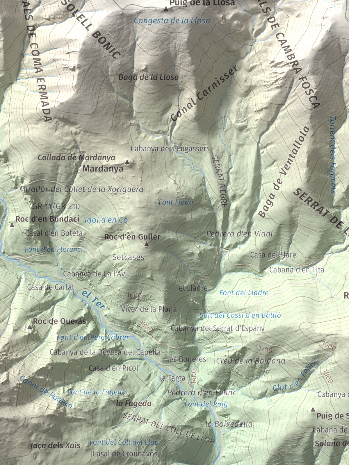 Mapa de relieve de Roca Colom, 2506 m, Conflent · Ripollès · Vallespir, lámina 100 Cims de Trobart. Detalle de la zona inferior izquierda. 30 × 40 cm.