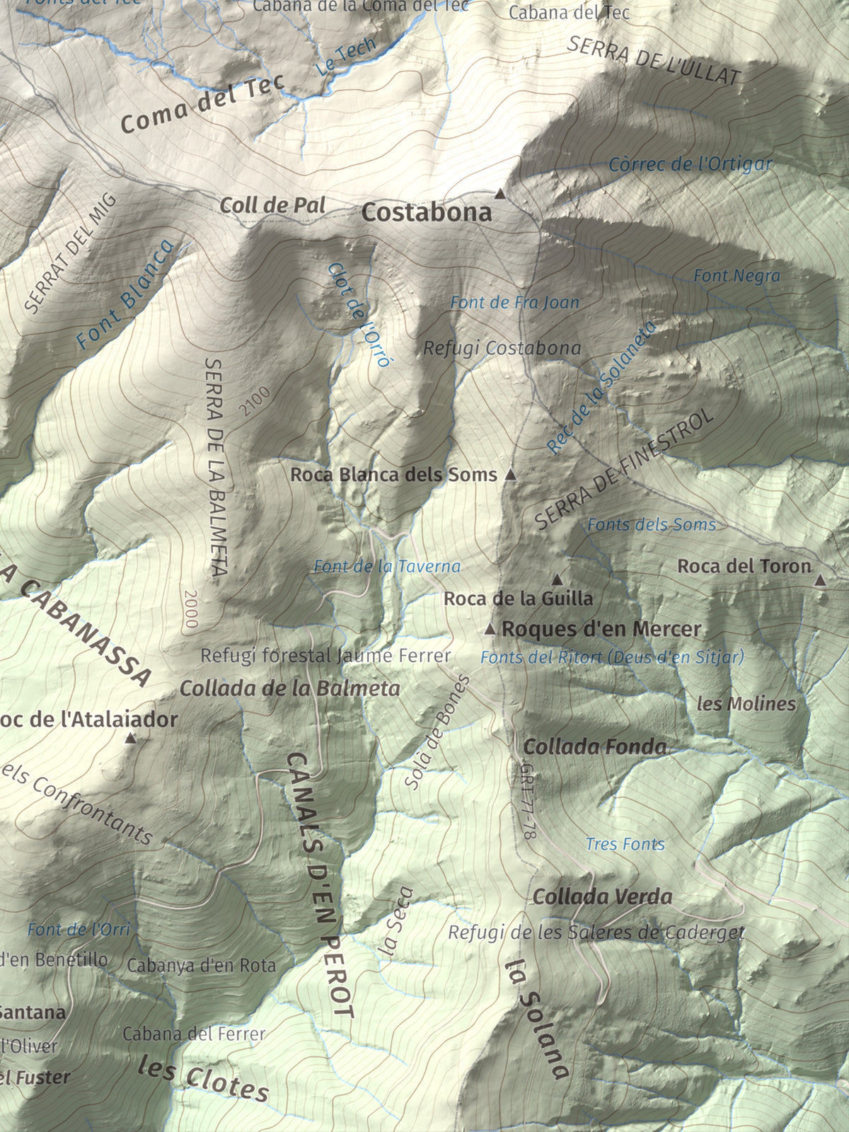 Mapa de relieve de Roca Colom, 2506 m, Conflent · Ripollès · Vallespir, lámina 100 Cims de Trobart. Detalle de la zona inferior derecha. 30 × 40 cm.