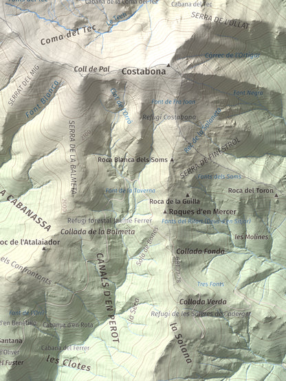 Mapa de relieve de Roca Colom, 2506 m, Conflent · Ripollès · Vallespir, lámina 100 Cims de Trobart. Detalle de la zona inferior derecha. 30 × 40 cm.