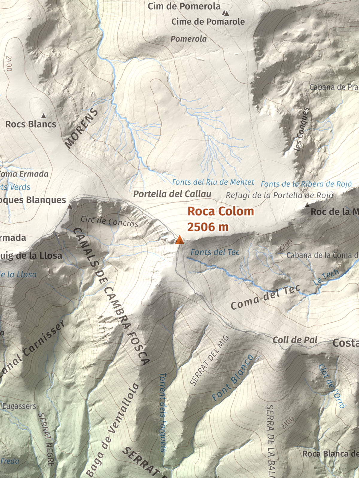 Mapa de relieve de Roca Colom, 2506 m, Conflent · Ripollès · Vallespir, lámina 100 Cims de Trobart. Detalle de la zona central. 30 × 40 cm.